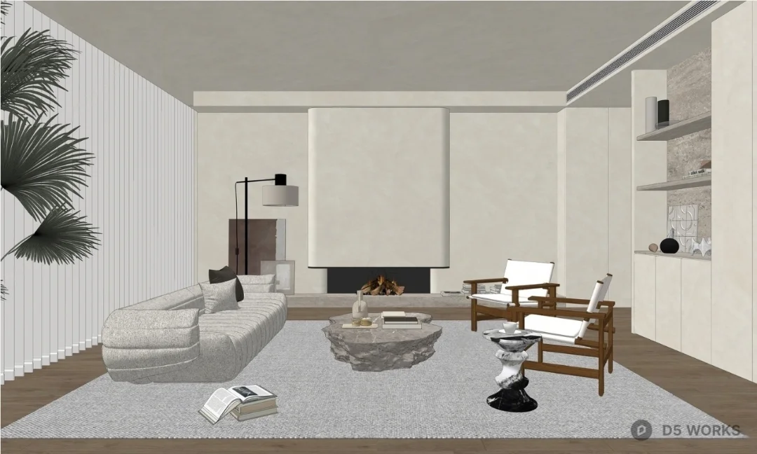 Minimalist Living Room With Fireplace And Curved Sofa 3d model thumbnail 2