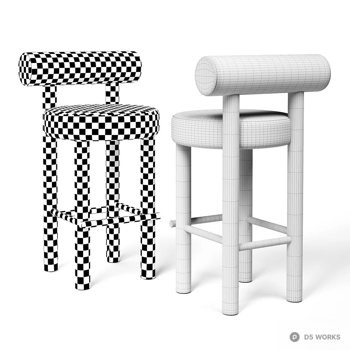 Minimalist Upholstered Bar Stool With Cylindrical Backrest 3d model thumbnail 6