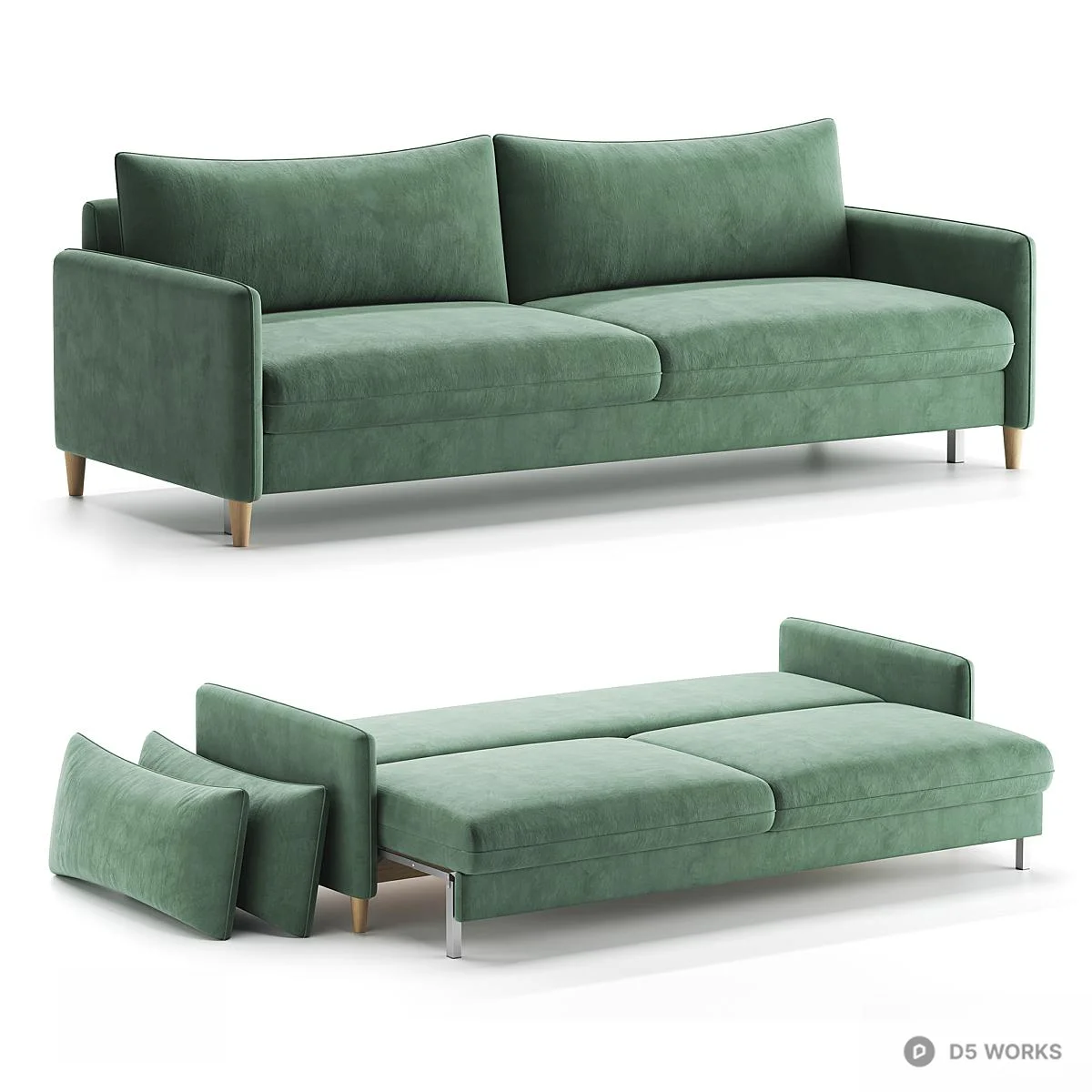 Velvet Green Sofa Bed With Wooden Legs 3d model - Image 1