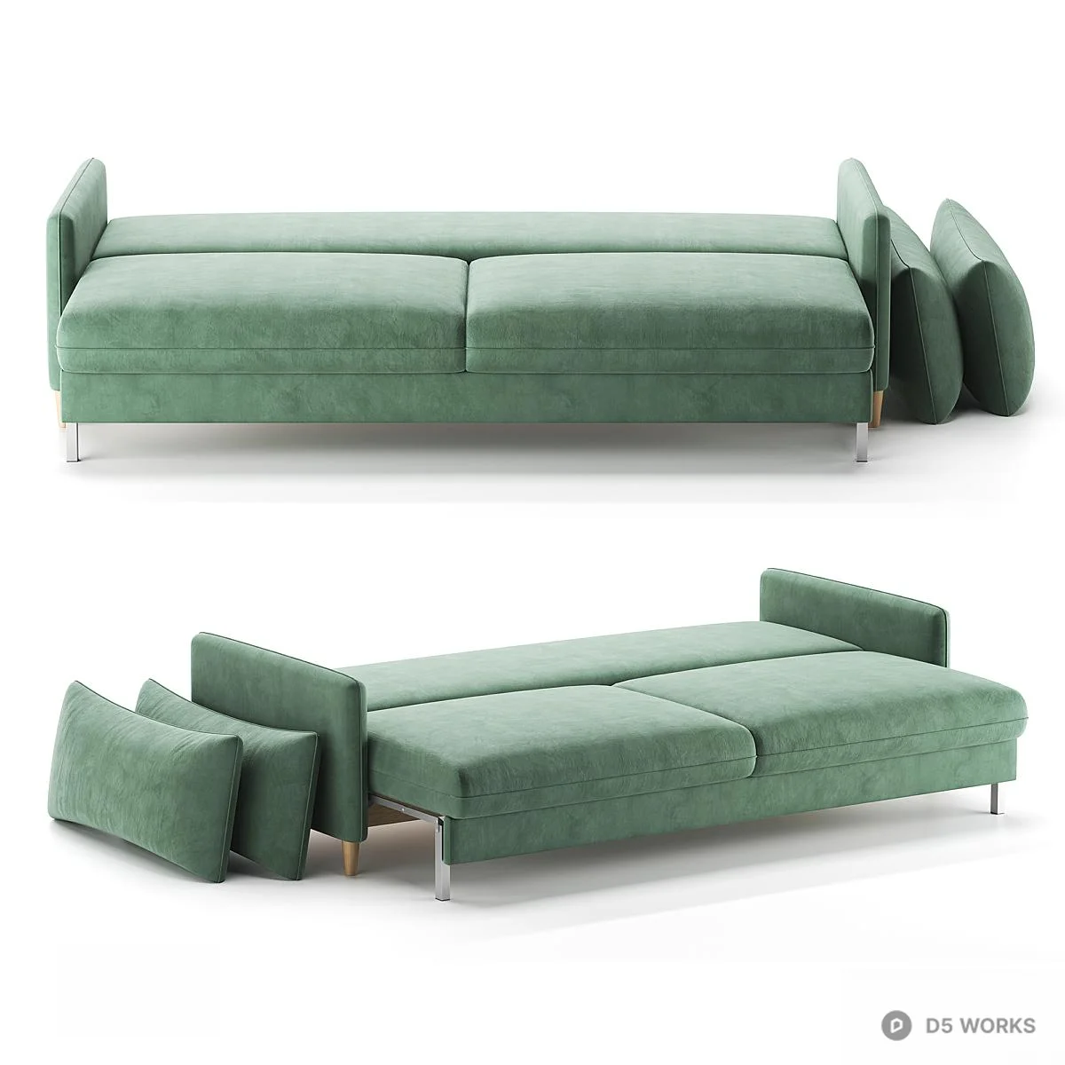 Velvet Green Sofa Bed With Wooden Legs 3d model thumbnail 3