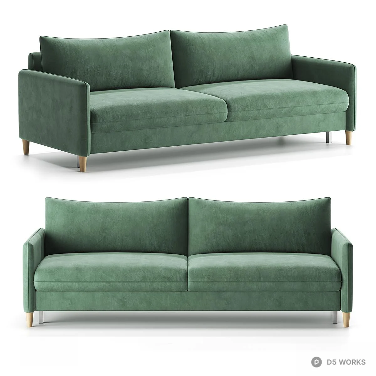 Velvet Green Sofa Bed With Wooden Legs 3d model thumbnail 2