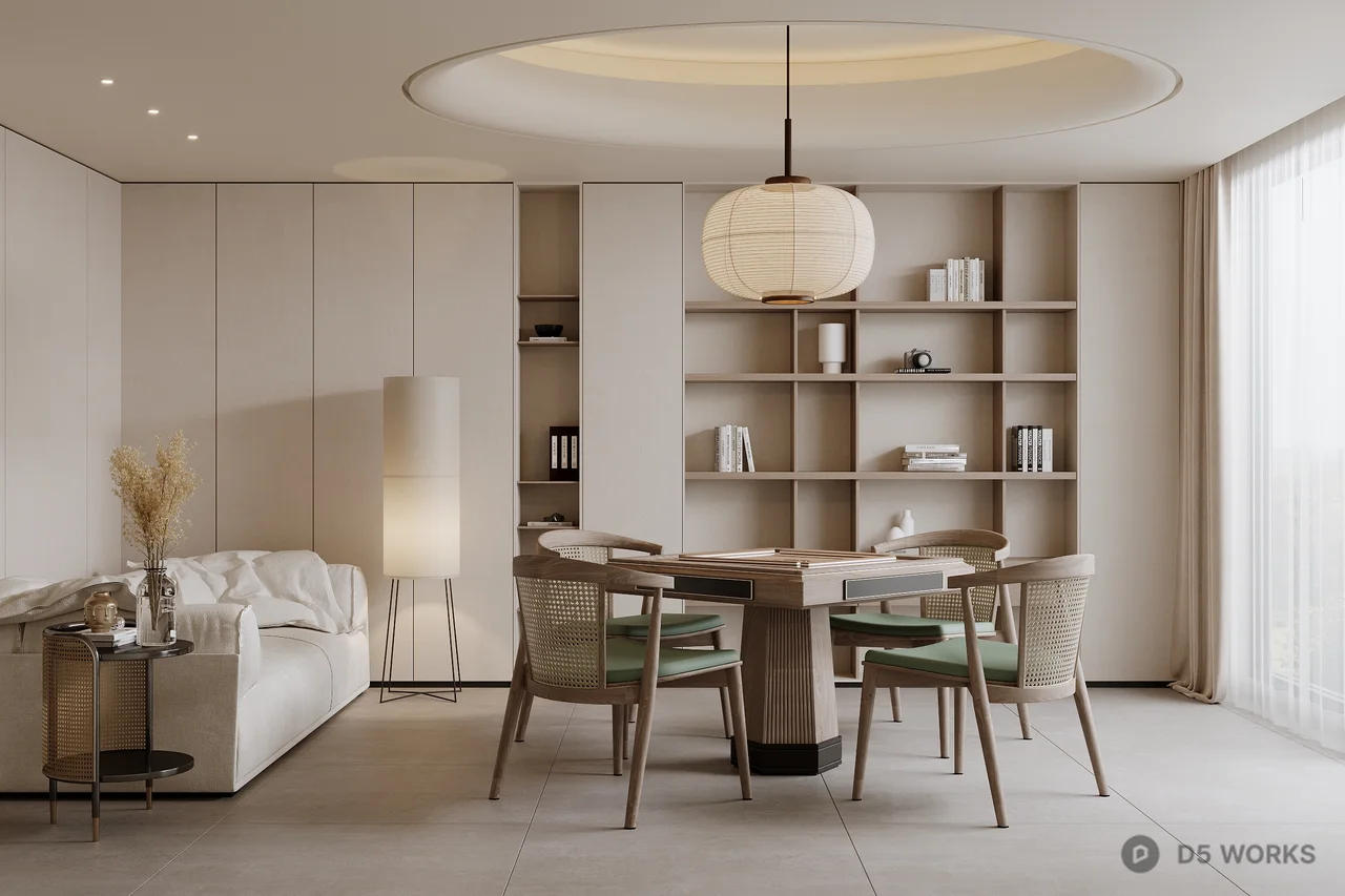 Minimalist Living Dining Space with Integrated Shelving 3d model - Image 1