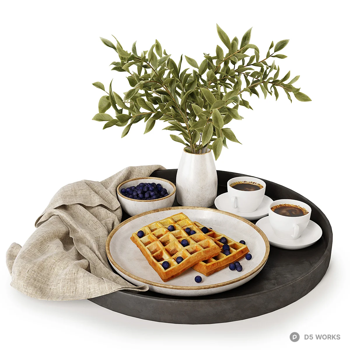 Minimalist Serving Tray With Waffles And Coffee 3d model - Image 1