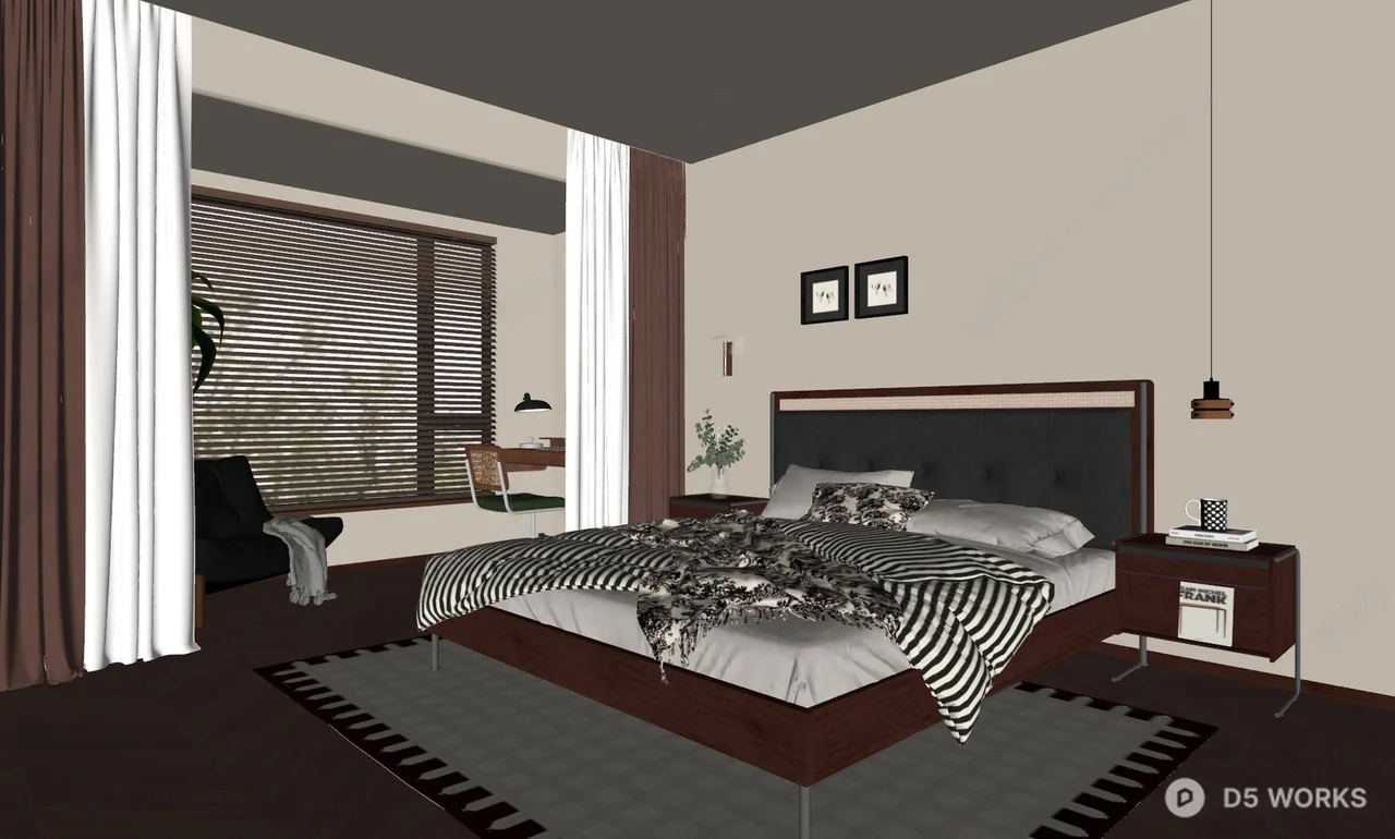 Modern Minimalist Bedroom with Striped Bedding 3d model thumbnail 2