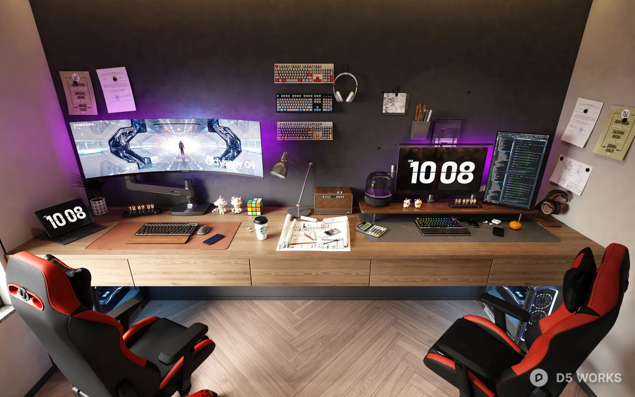 Modern Gaming Room With Dual Gaming Stations And Ambient Lighting 3d model thumbnail 2