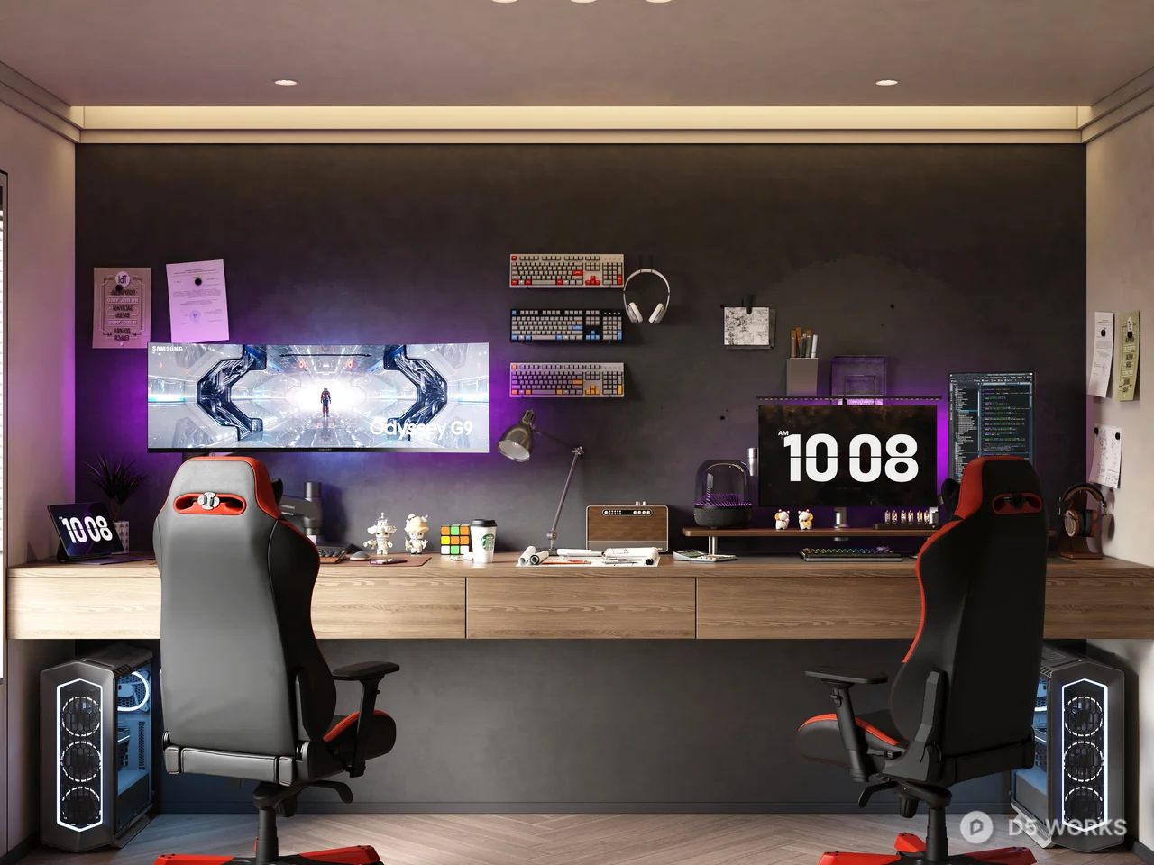 Modern Gaming Room With Dual Gaming Stations And Ambient Lighting 3d model - Image 1