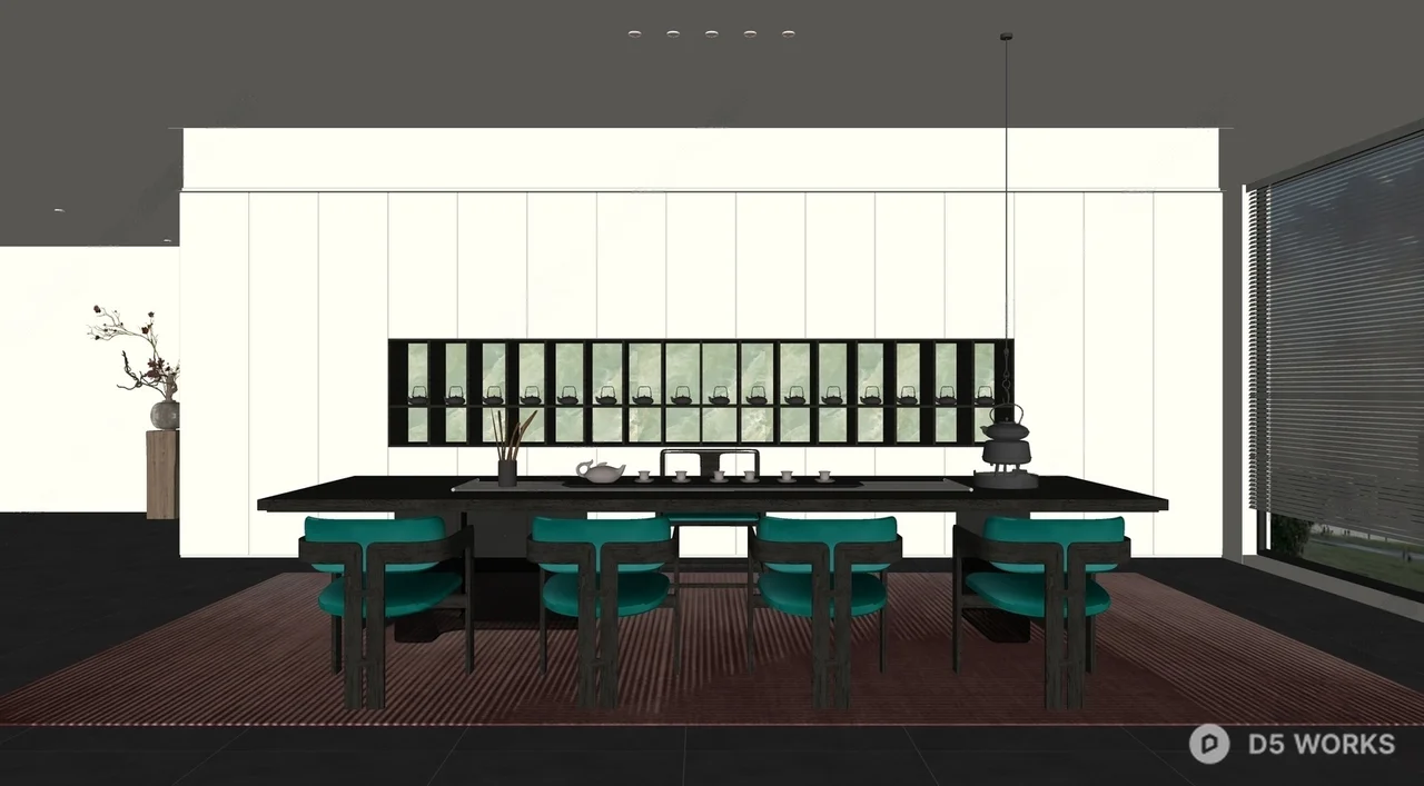 Minimalist Tea Room With Green Chairs 3d model thumbnail 2
