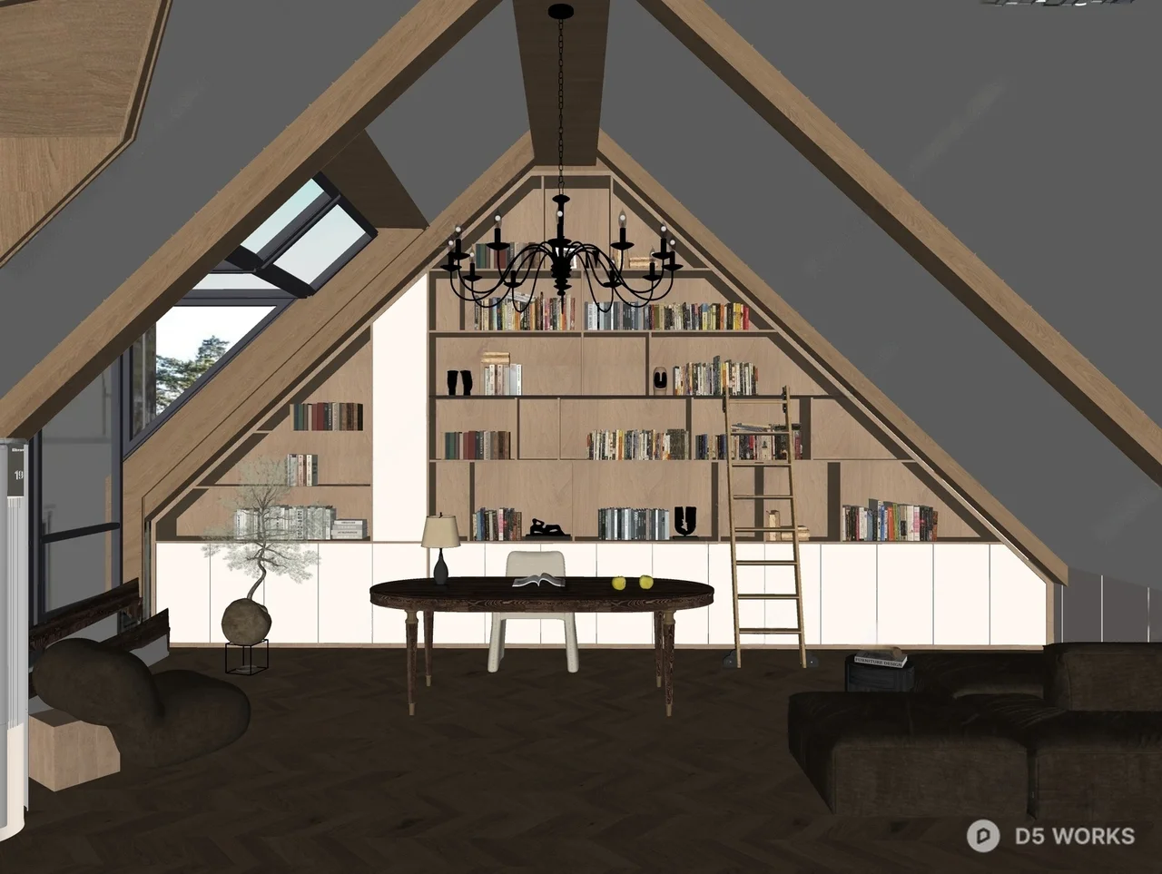 Rustic Attic Study With Built-In Bookshelves And Warm Lighting 3d model thumbnail 2