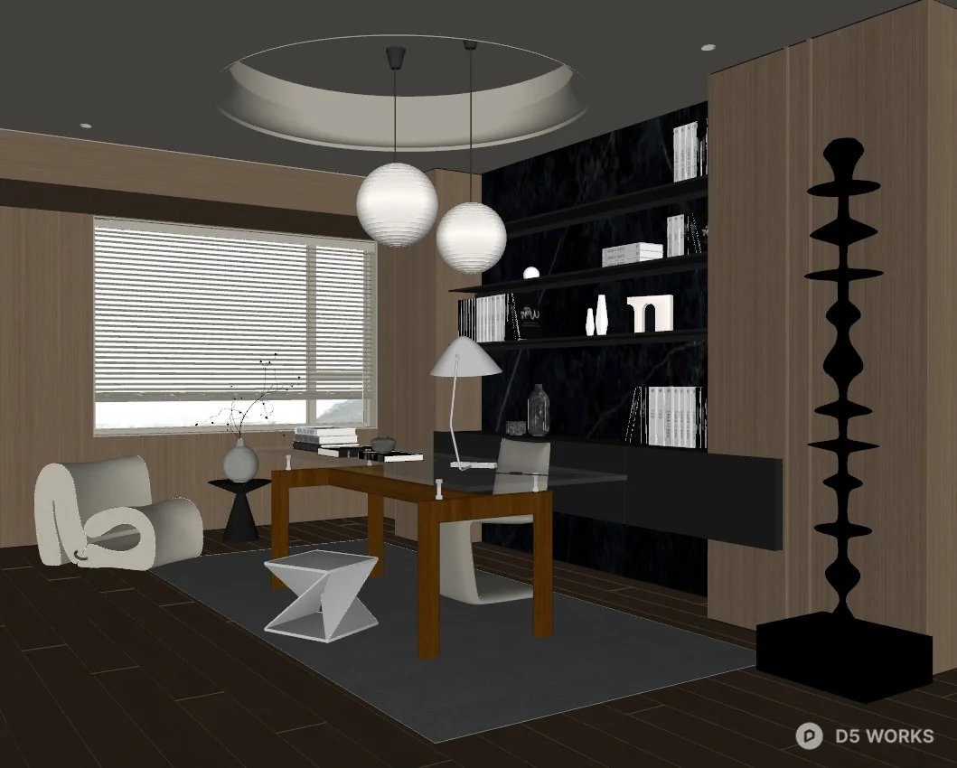 Minimalist Study Room With Modern Desk And Pendant Lights 3d model thumbnail 2