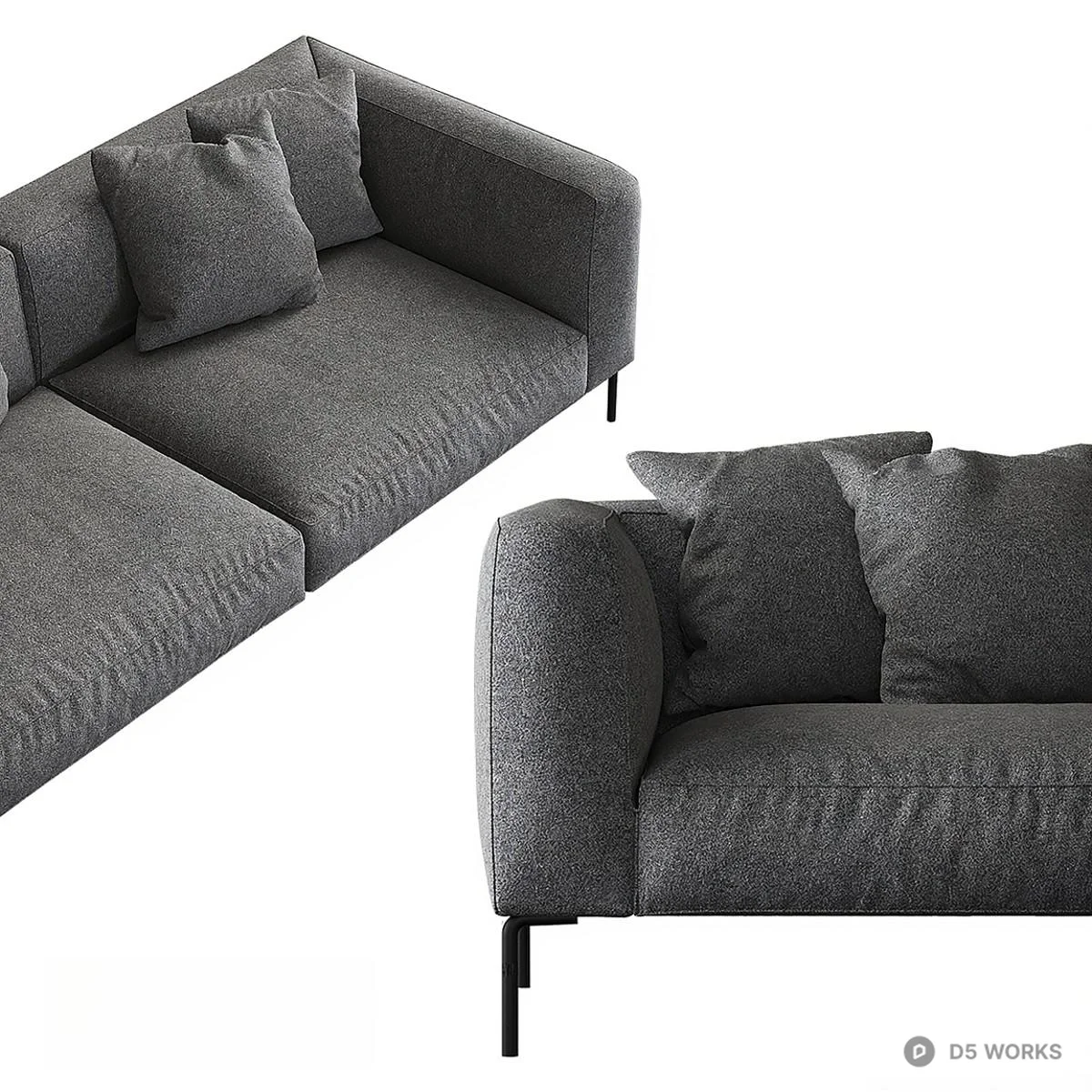 Minimalist Gray Fabric Three Seater Sofa 3d model thumbnail 2