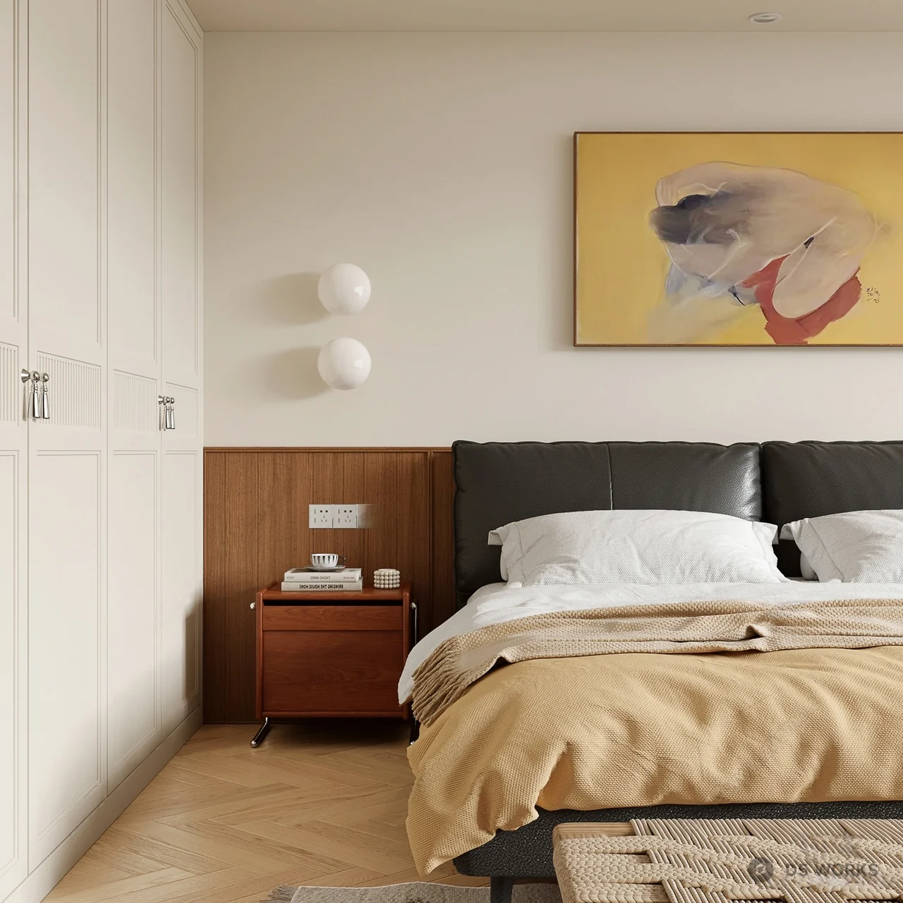 Mid Century Modern Bedroom with Leather Headboard 3d model - Image 1