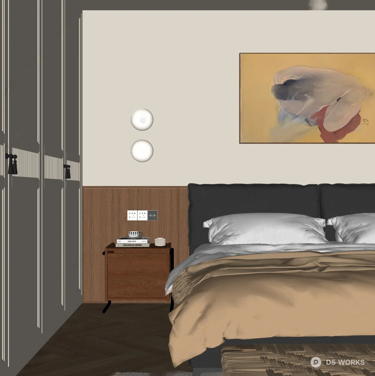 Mid Century Modern Bedroom with Leather Headboard 3d model thumbnail 2
