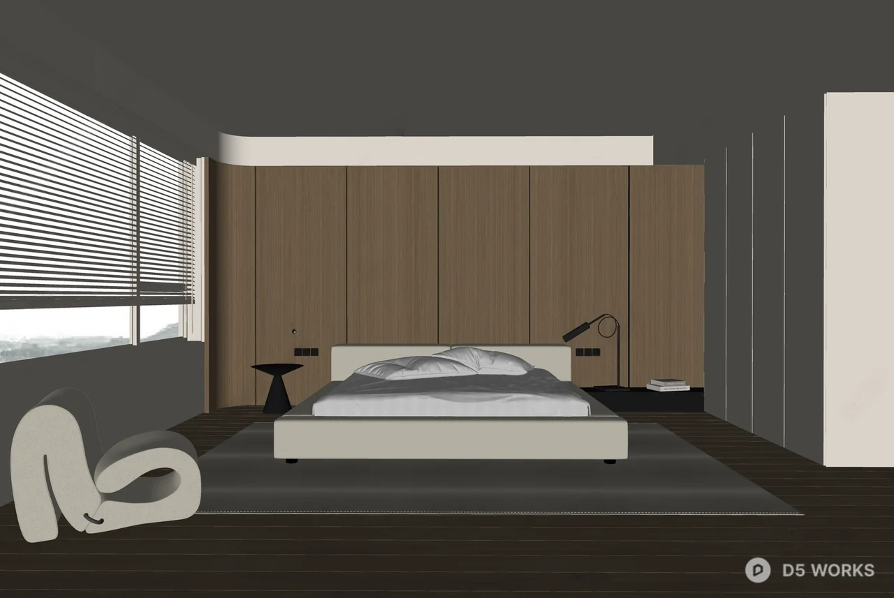 Minimalist Modern Bedroom with Panel Accent Wall 3d model thumbnail 2