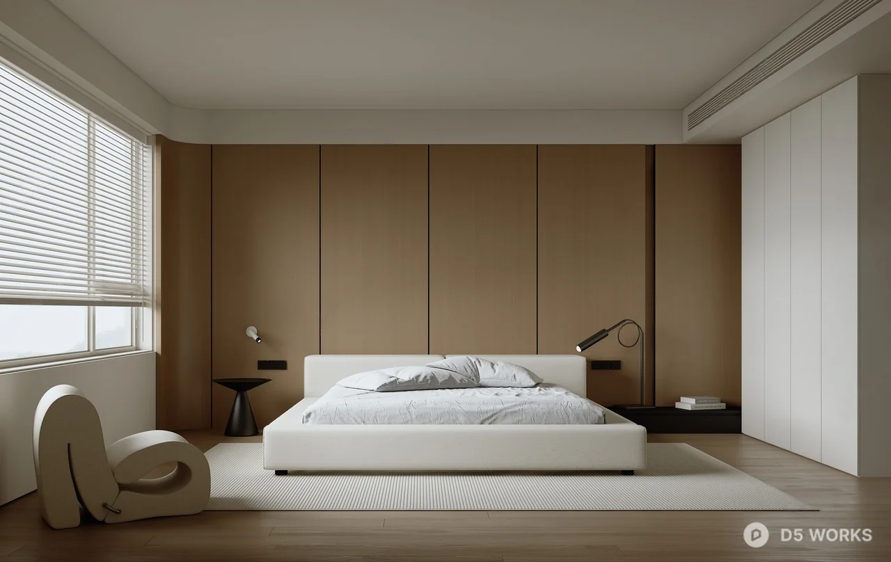 Minimalist Modern Bedroom with Panel Accent Wall 3d model - Image 1