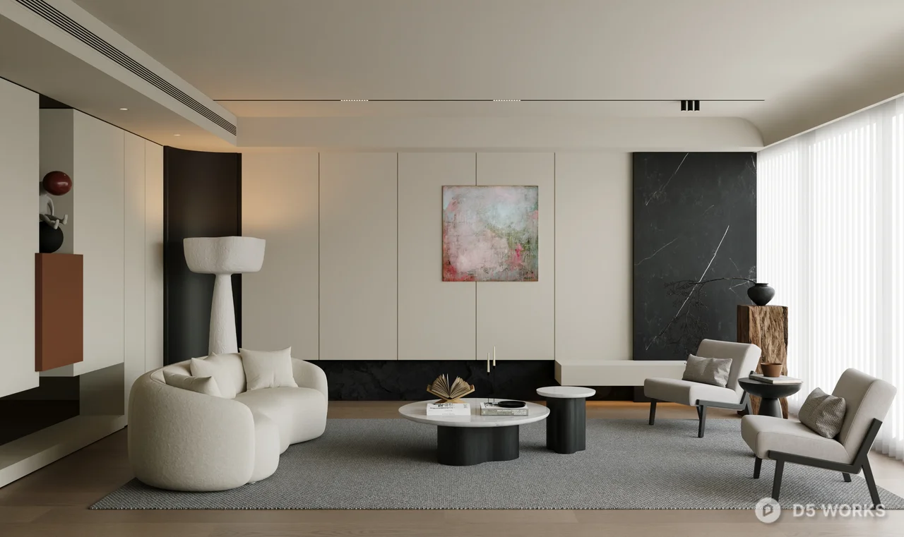 Minimalist Living Room with Curved Sofa and Art Wall 3d model - Image 1
