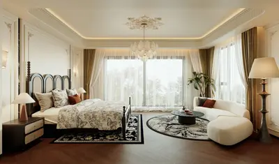 Elegant Home Bedroom with Chandelier and Curved Sofa 3d model