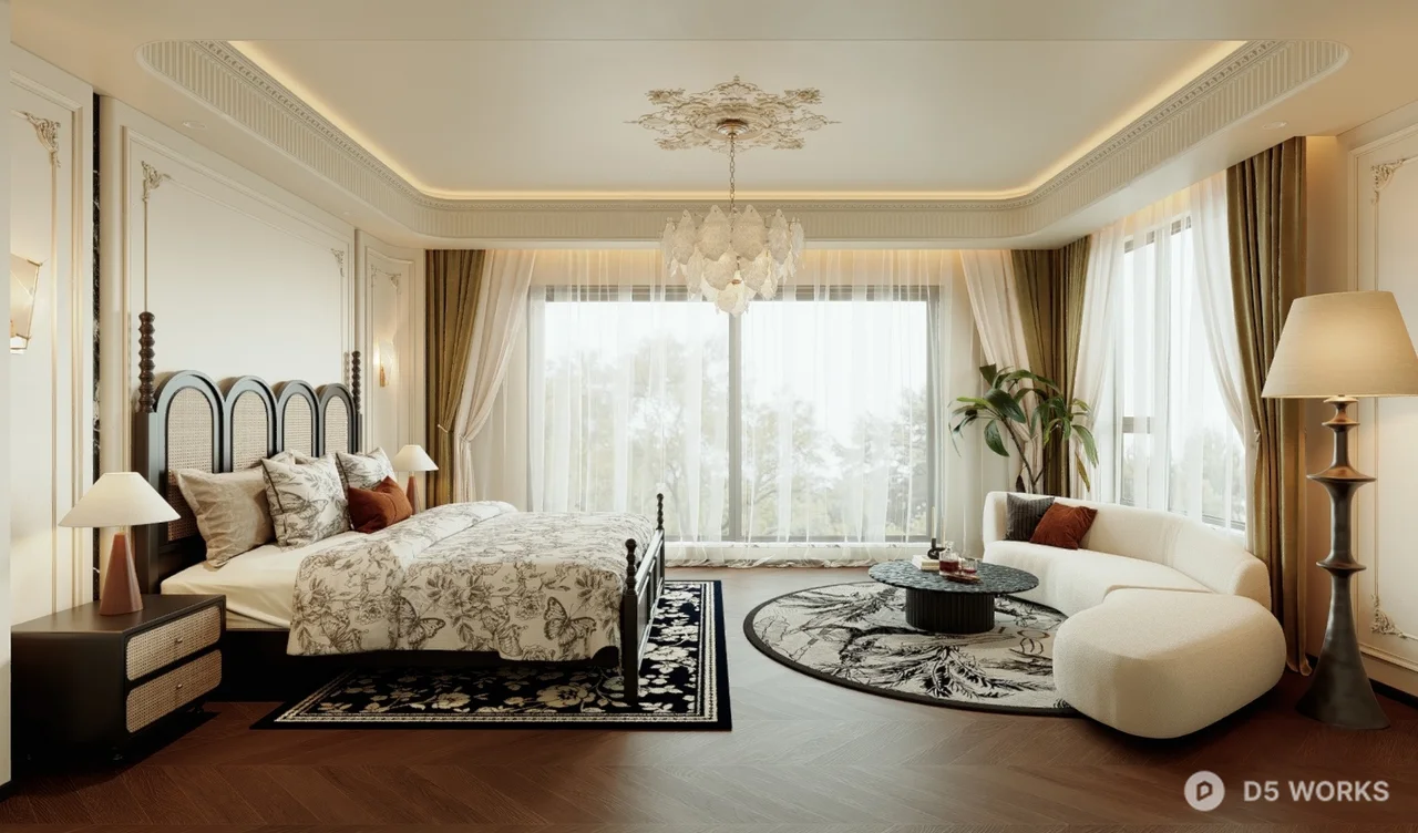 Elegant Home Bedroom with Chandelier and Curved Sofa 3d model - Image 1
