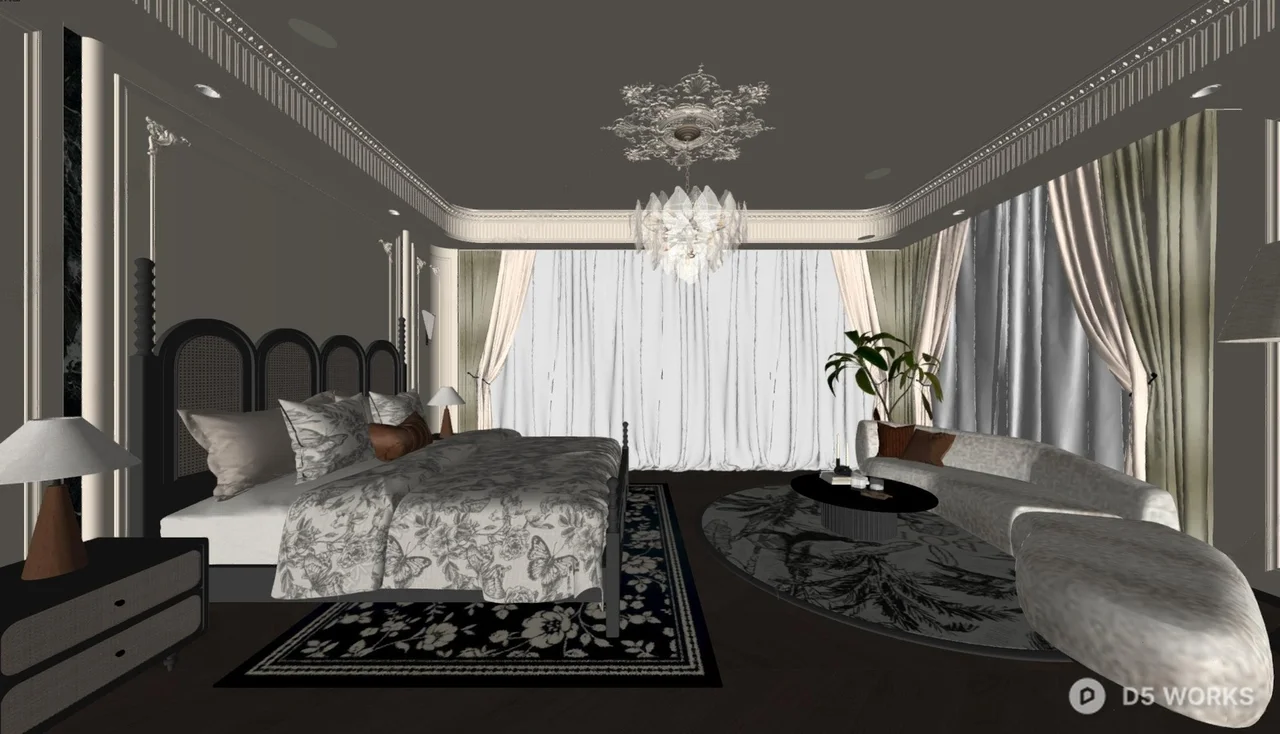 Elegant Home Bedroom with Chandelier and Curved Sofa 3d model thumbnail 2