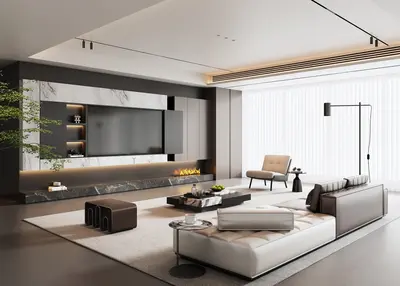 Modern Minimalist Living Room with Marble Accent Wall 3d model