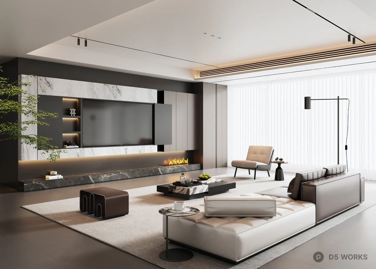 Modern Minimalist Living Room with Marble Accent Wall 3d model - Image 1