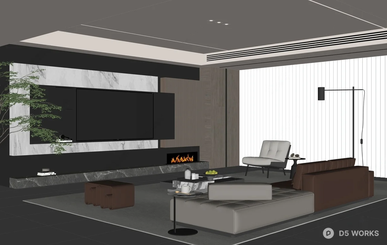Modern Minimalist Living Room with Marble Accent Wall 3d model thumbnail 2