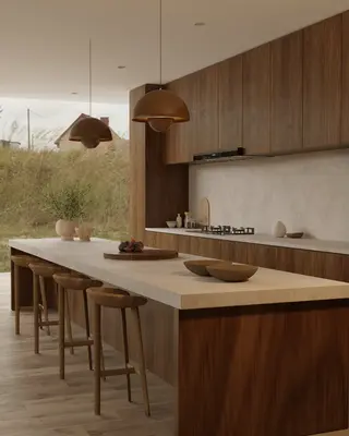 Minimalist Open Kitchen With Wood Cabinetry And Island 3d model