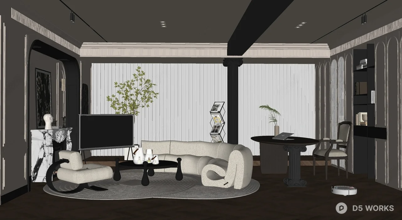 Modern Minimalist Living Room with Curved Sofa and Dark Wood Flooring 3d model thumbnail 2