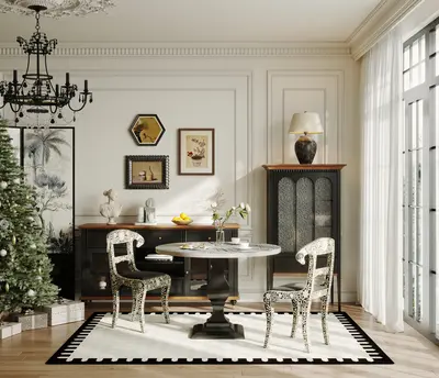 Classic Dining Room With Ornate Chairs And Chandelier 3d model