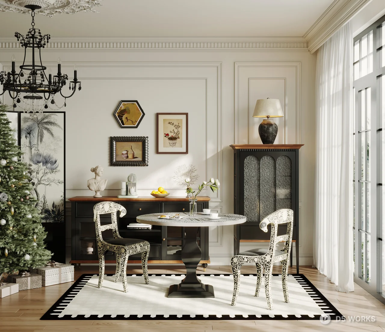 Classic Dining Room With Ornate Chairs And Chandelier 3d model - Image 1