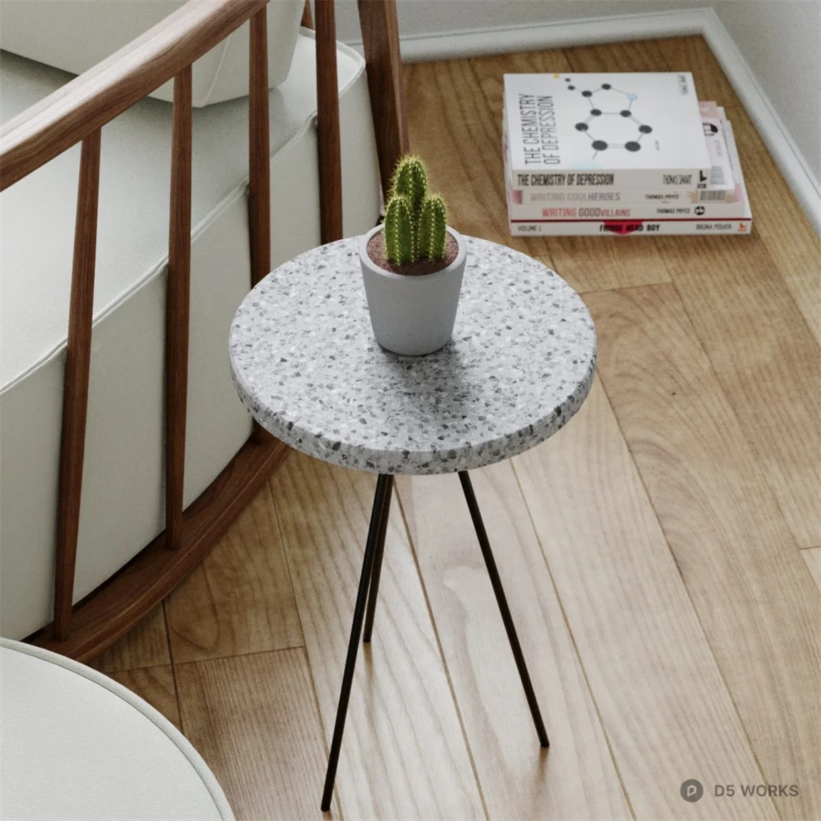 Concrete And Wood Tripod Side Table 3d model thumbnail 2