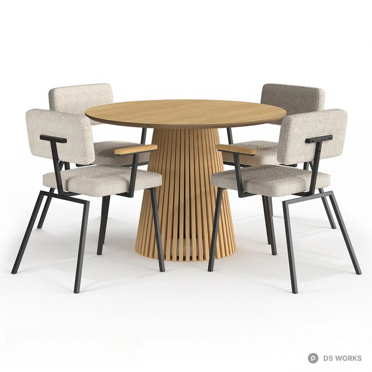 Slatted Base Round Dining Table With Upholstered Armchairs 3d model thumbnail 2