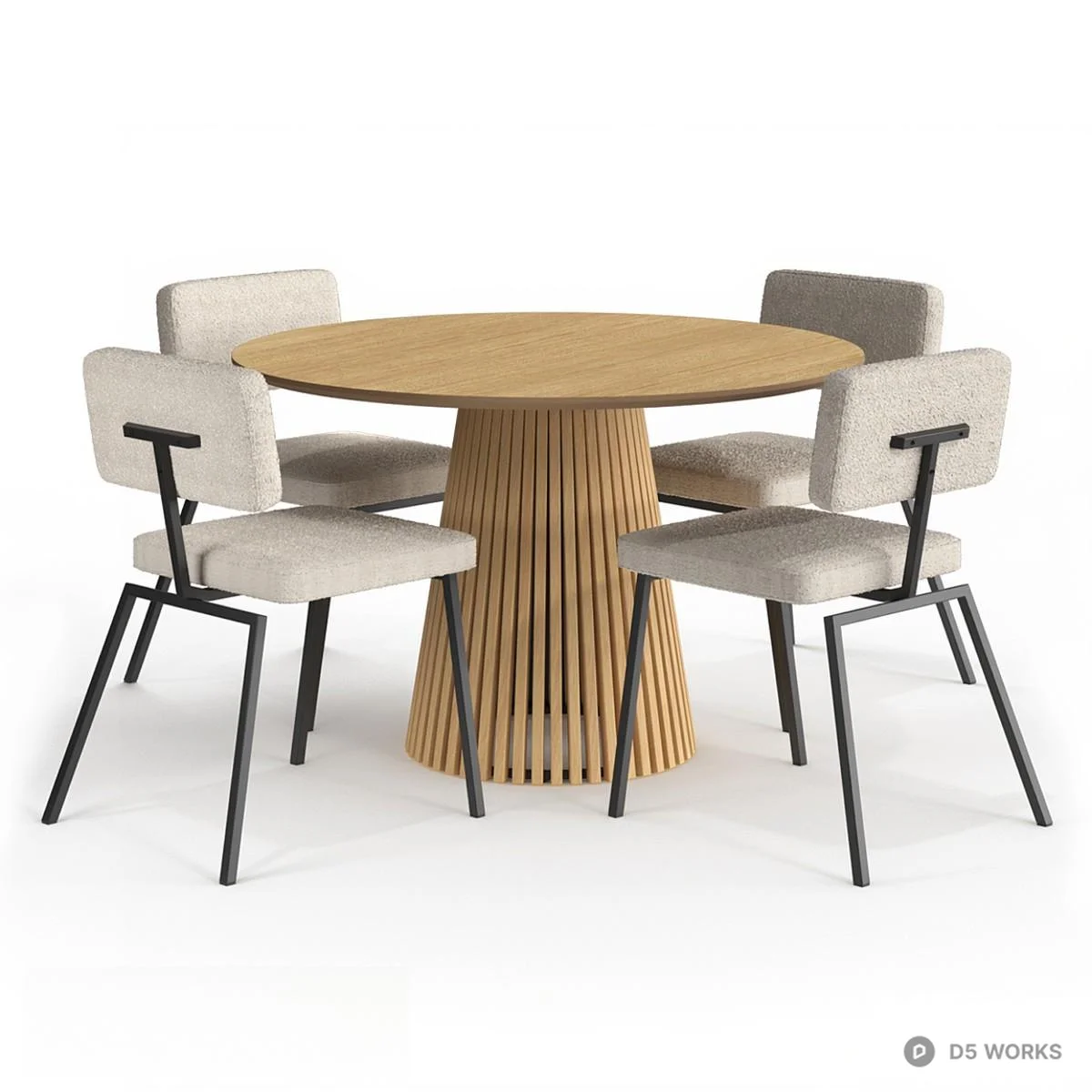 Slatted Base Round Dining Table With Upholstered Armchairs 3d model thumbnail 3