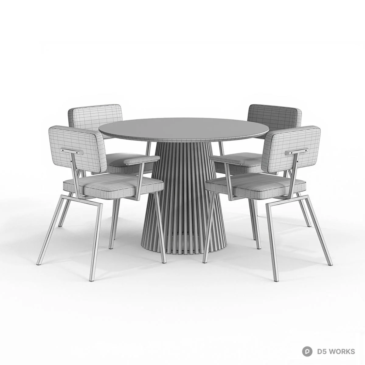 Slatted Base Round Dining Table With Upholstered Armchairs 3d model thumbnail 5