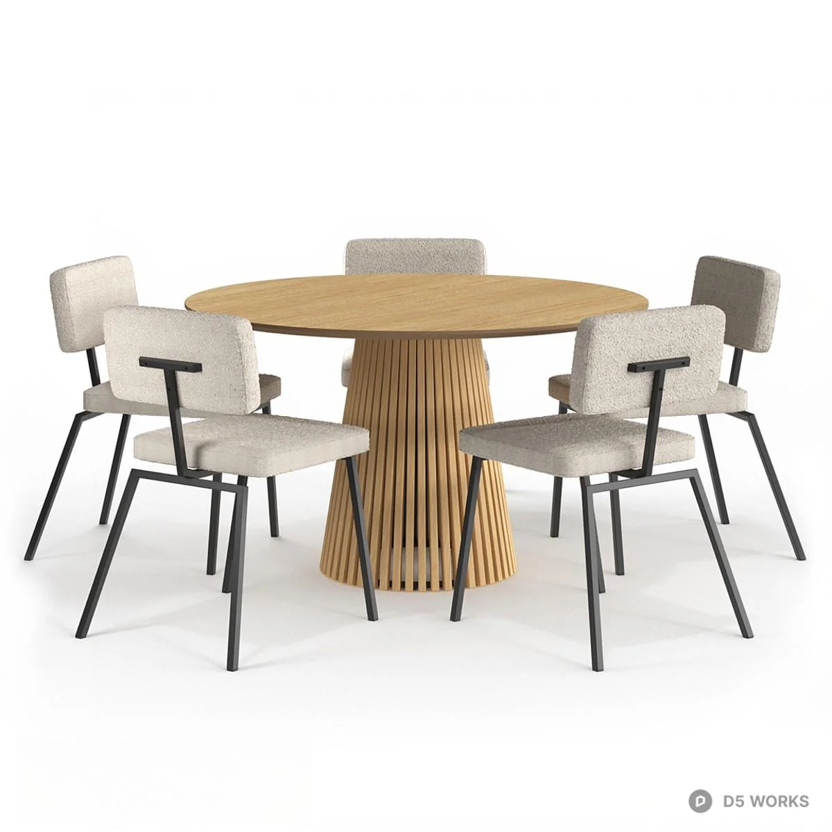 Slatted Base Round Dining Table With Upholstered Armchairs 3d model thumbnail 4