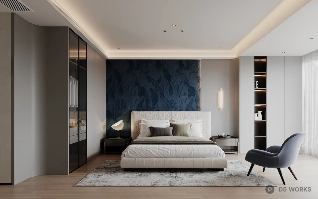 Modern Minimalist Bedroom With Textured Accent Wall 3d model - Image 1