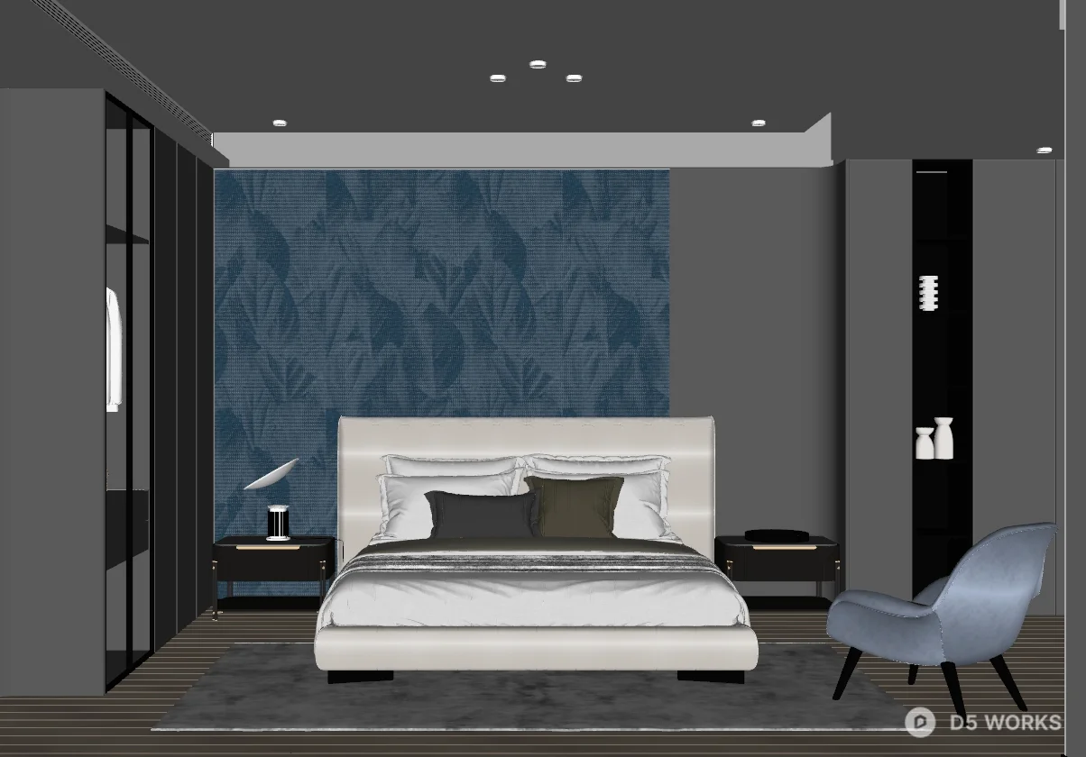 Modern Minimalist Bedroom With Textured Accent Wall 3d model thumbnail 2