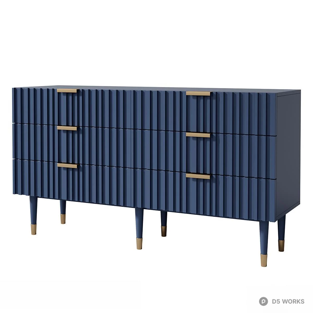 Navy Blue Fluted Design Chest Of Drawers With Brass Handles 3d model - Image 1