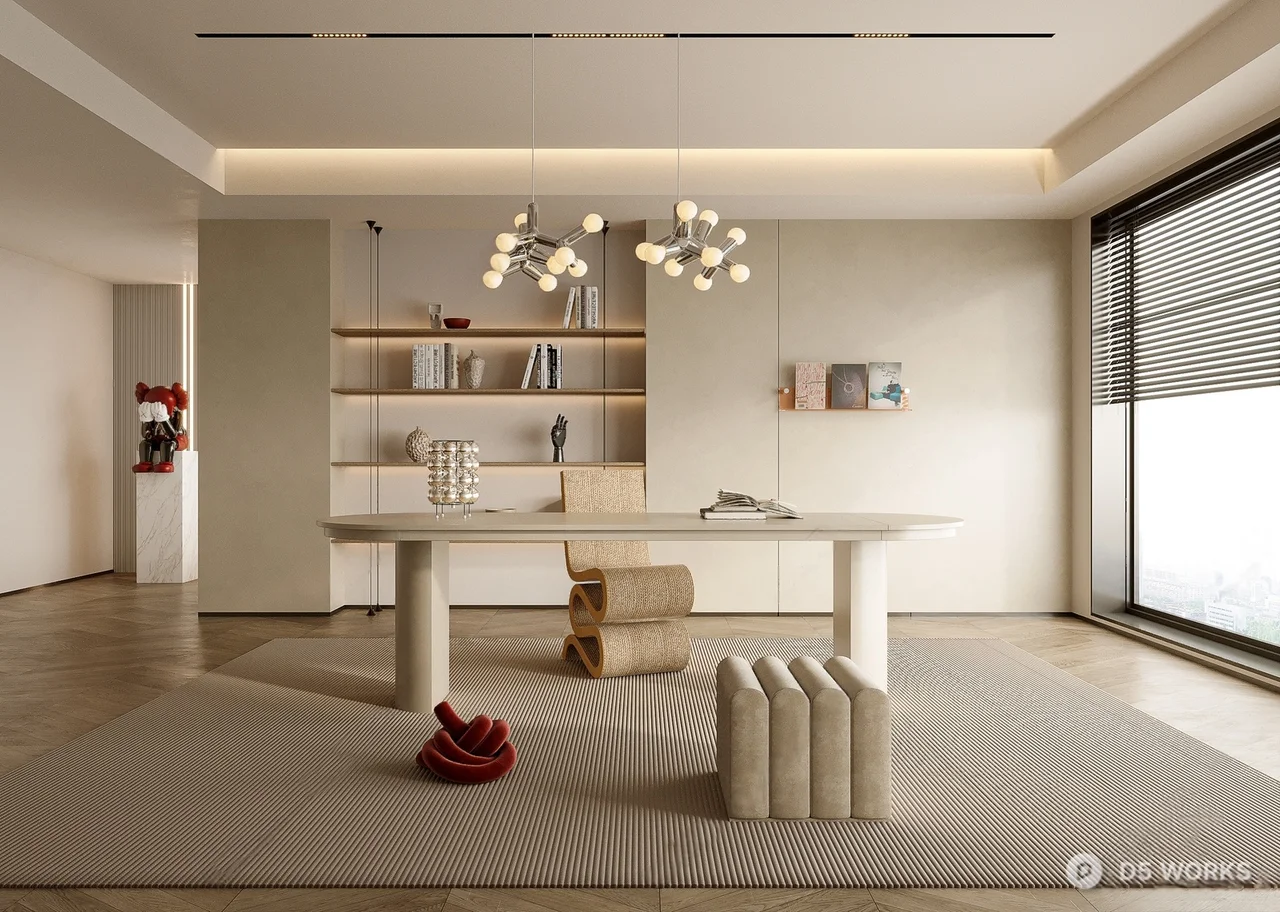 Minimalist Study Room With Integrated Storage And Pendant Lighting 3d model - Image 1