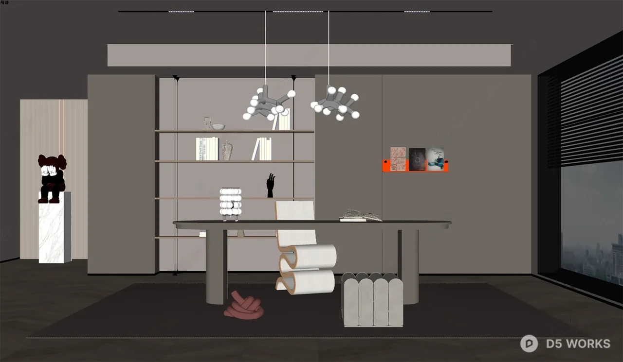 Minimalist Study Room With Integrated Storage And Pendant Lighting 3d model thumbnail 2