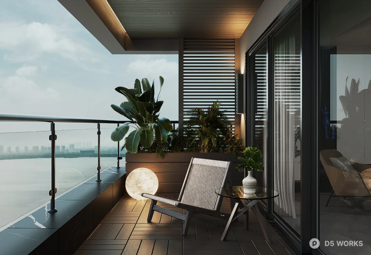 Modern Balcony With Lounge Chair And Greenery 3d model - Image 1