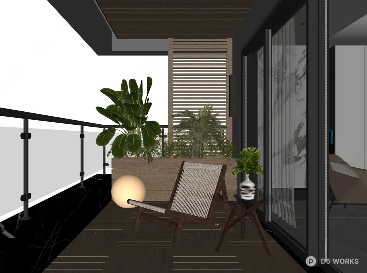 Modern Balcony With Lounge Chair And Greenery 3d model thumbnail 2