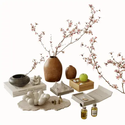 Ceramic Vase With Cherry Blossom Branch And Decorative Objects Set 3d model
