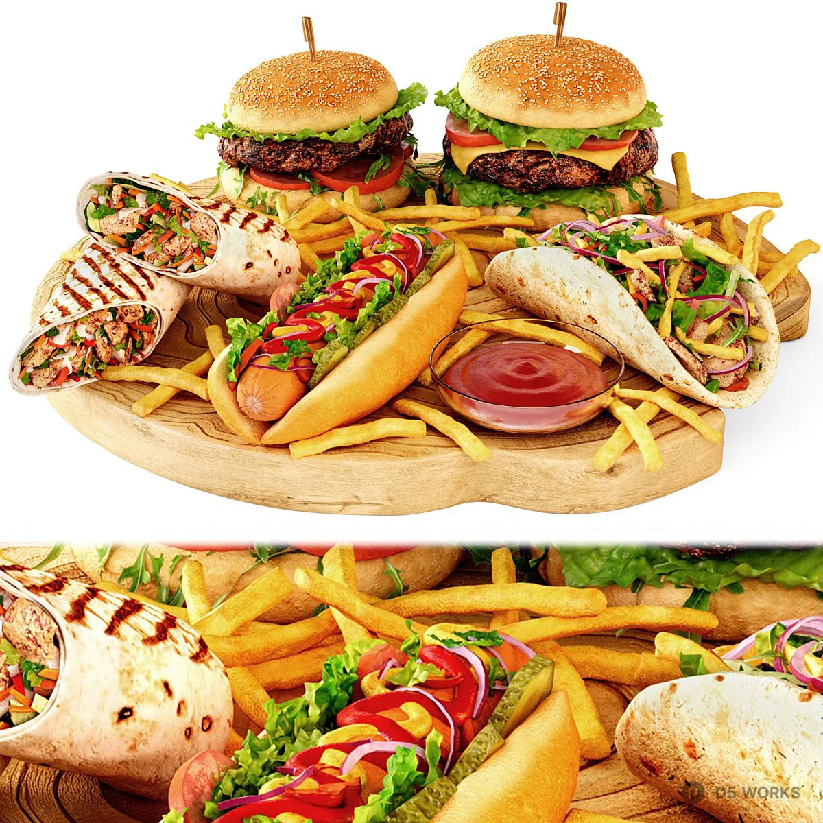 Fast Food Platter With Burgers And Fries 3d model - Image 1