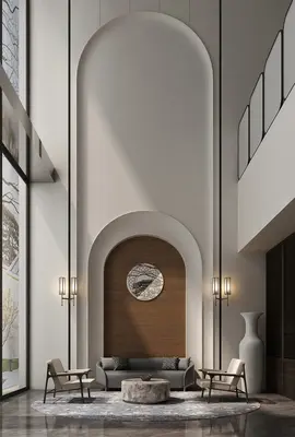 Minimalist Villa Living Room With Arched Feature Wall 3d model