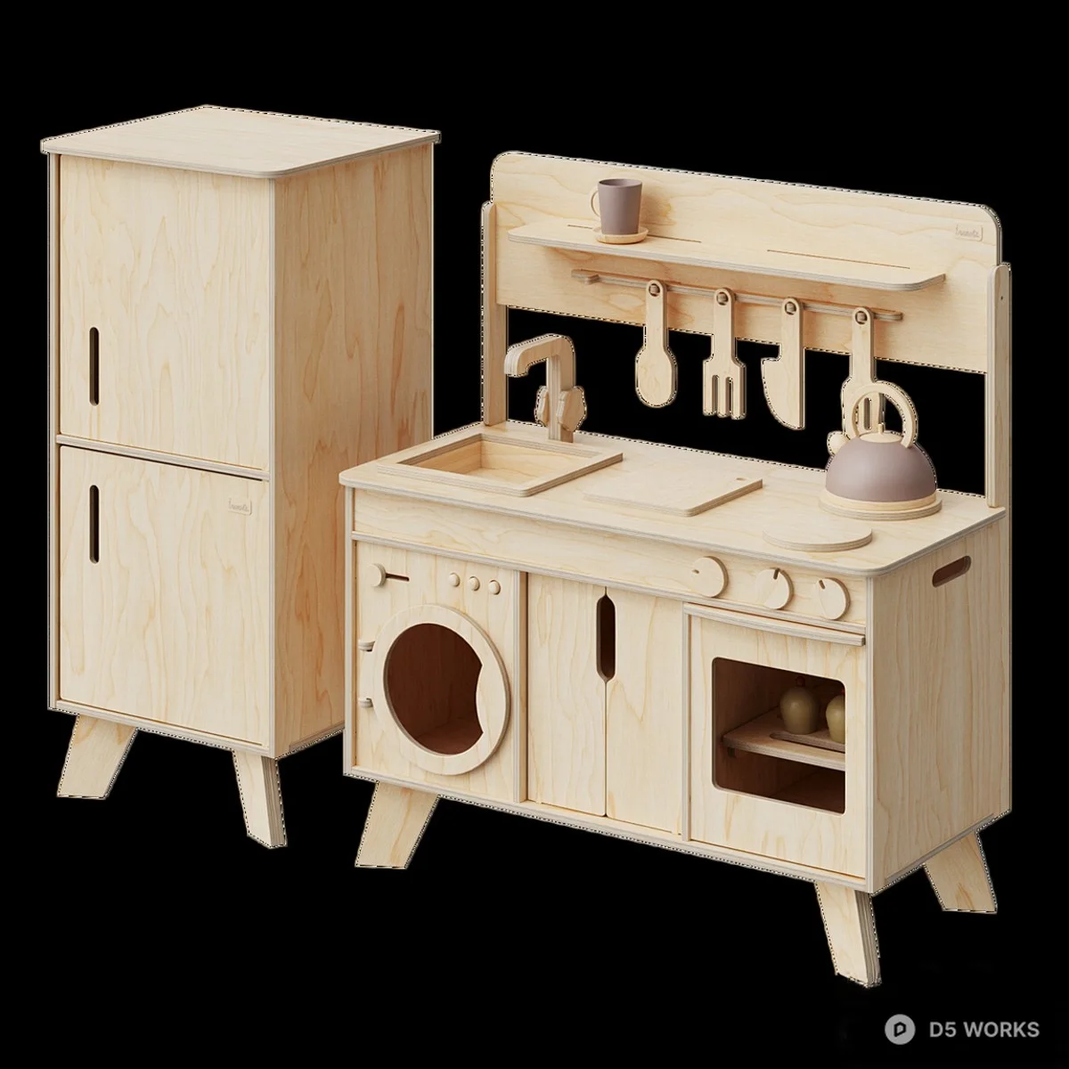 Pastel Green Wooden Play Kitchen Set 3d model thumbnail 4