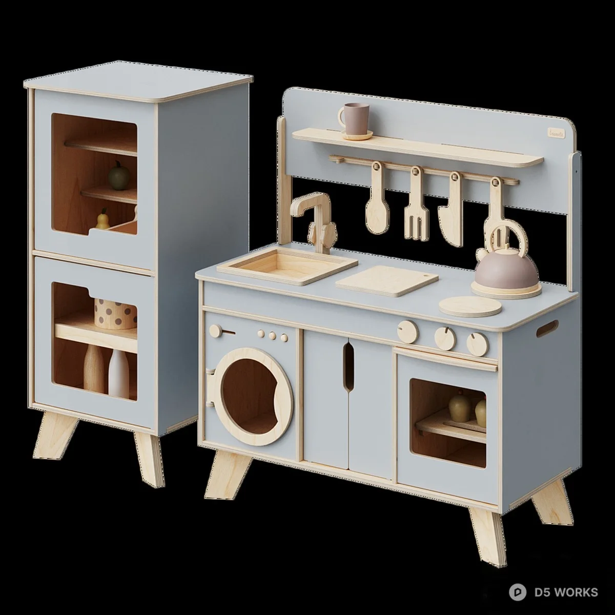 Pastel Green Wooden Play Kitchen Set 3d model thumbnail 5