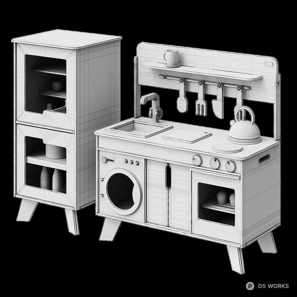 Pastel Green Wooden Play Kitchen Set 3d model thumbnail 7