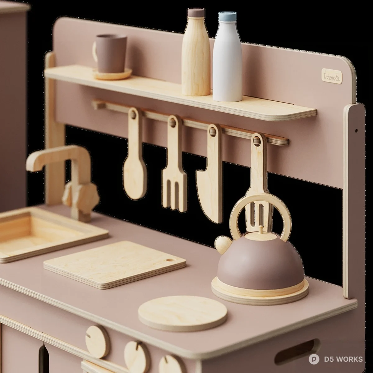 Pastel Green Wooden Play Kitchen Set 3d model thumbnail 6