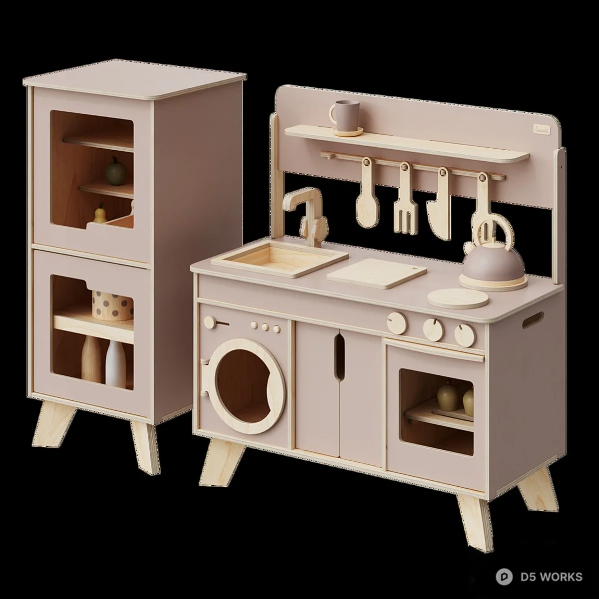Pastel Green Wooden Play Kitchen Set 3d model thumbnail 3