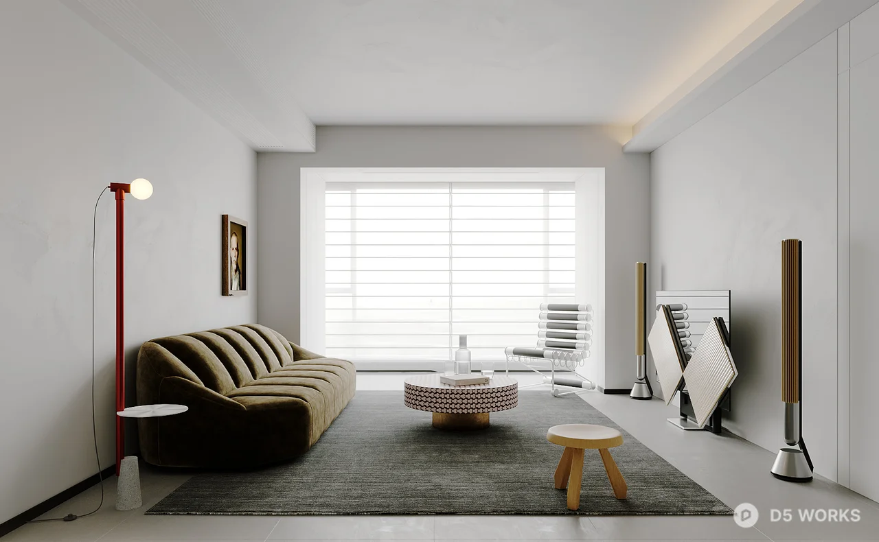 Minimalist Living Room With Striped Sofa And Round Coffee Table 3d model - Image 1